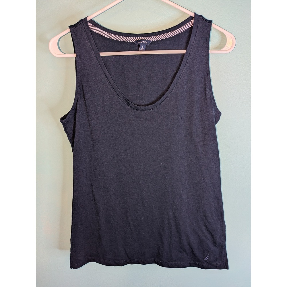 Nautica Womens Navy‎ Blue Scoop Neck Sleeveless Tank Top Logo Size Small